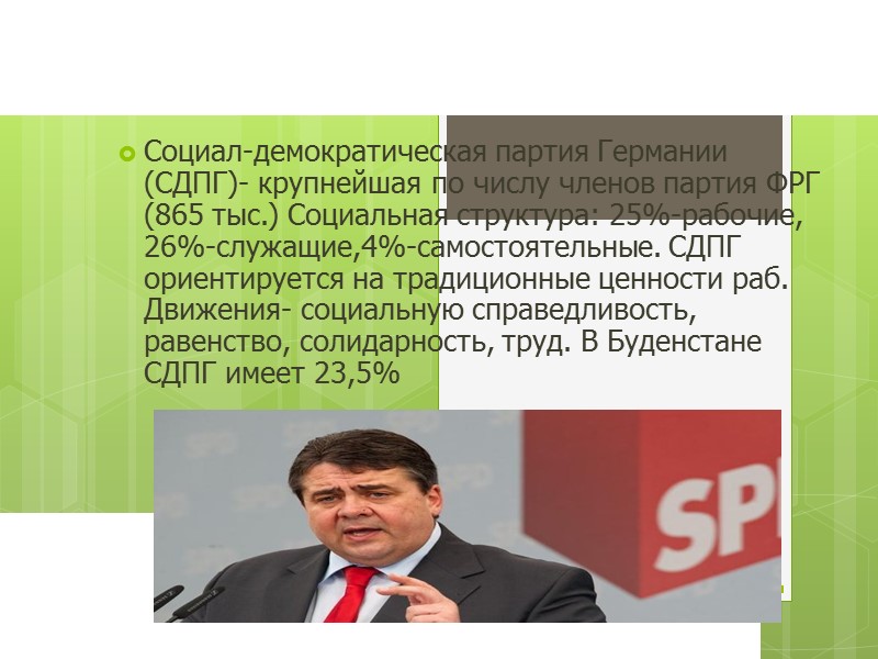 Партийная система ФРГ Социал-демократическая партия Германии (СДПГ)- крупнейшая по числу членов партия ФРГ (865
